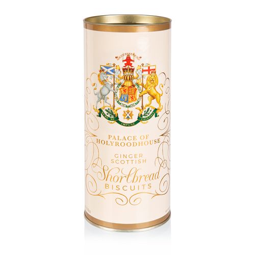 Cream biscuit tube featuring the Scottish coat of arms. Next to the tube is  pile of ginger shortbread biscuits.