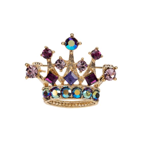 brooch in the shape of a crown with gold and purple detailing and gems brooch in the shape of a crown with gold and purple detailing and gems