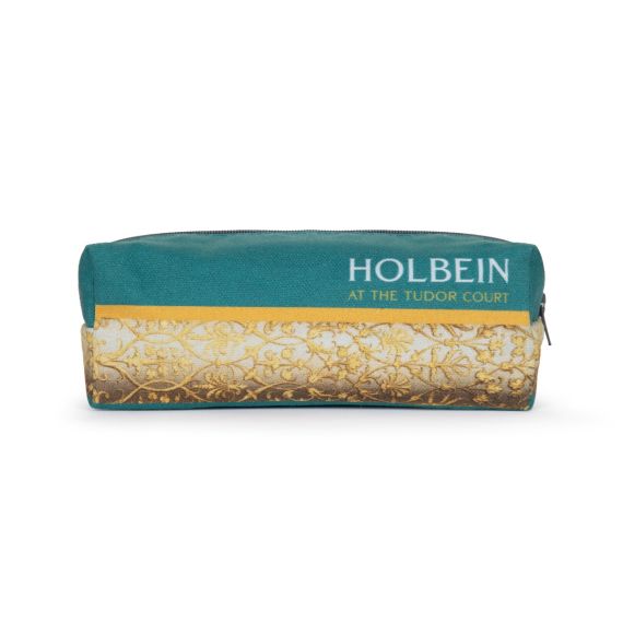pencil case with zip. teal and yellow decoration and the wording Holbein at the tudor court written on the front pencil case with zip. teal and yellow decoration and the wording Holbein at the tudor court written on the front