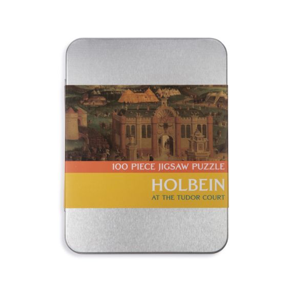 silver tin with band in middle of puzzle painting included inside and Holbein at the Tudor Court logo on yellow and orange background. silver tin with band in middle of puzzle painting included inside and Holbein at the Tudor Court logo on yellow and orange background.