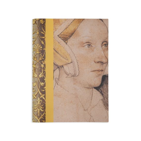 note book with decorative pattern and line drawing of a Tudor. Yellow band on left hand side note book with decorative pattern and line drawing of a Tudor. Yellow band on left hand side
