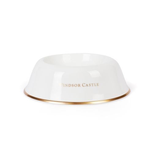 Front of pet bowl with gold edges and Windsor Castle crown motif at the front. 