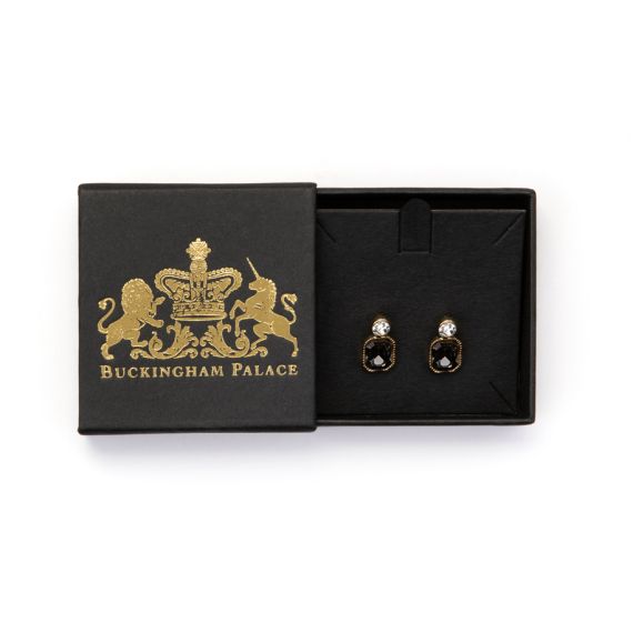 Grey crystal stud earrings in black jewellery box with Buckingham Palace and crest embossed in gold. Grey crystal stud earrings in black jewellery box with Buckingham Palace and crest embossed in gold.