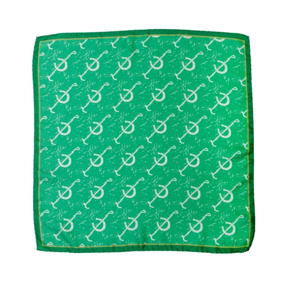 Rory Hutton green silk neckerchief with recurring horsehoe patern in white with dark green border. Rory Hutton green silk neckerchief with recurring horsehoe patern in white with dark green border.