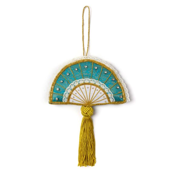 Eggshell blue fan christmas decoration finished with gold accents. Eggshell blue fan christmas decoration finished with gold accents.