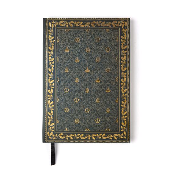 Notebook with crown and royal motif pattern with oak leaf border. Notebook with crown and royal motif pattern with oak leaf border.