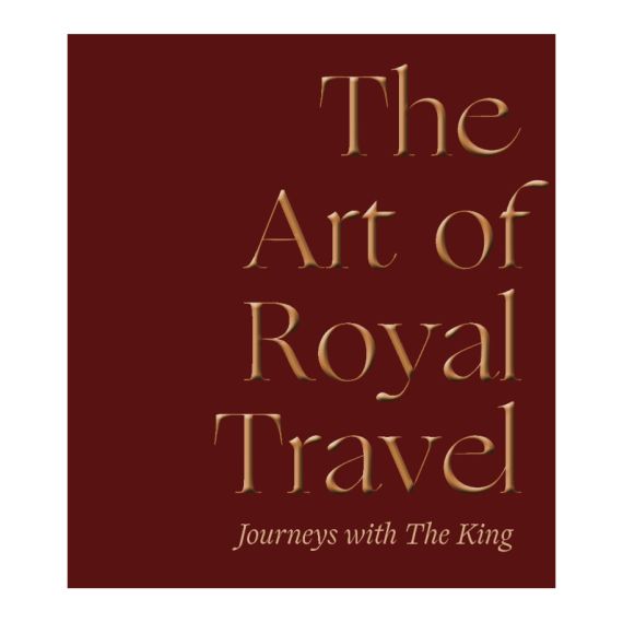 Front cover of 'The Art of Royal Travel: Journeys with The King'. Red background with gold font. Front cover of 'The Art of Royal Travel: Journeys with The King'. Red background with gold font.